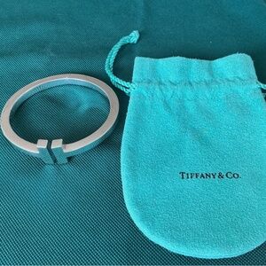 Tiffany & Co T Square Sterling Silver Bangle Bracelet Hinged w/ Pouch - Size M